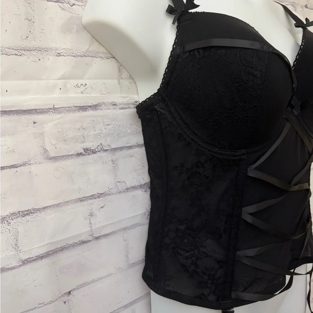 Adore Me Size 38DDD Bustier Lace Up Neglige Garters Black‎ Sexy Boudoir New